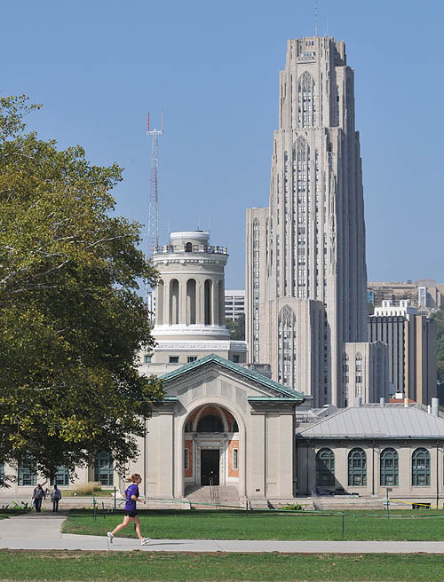 Viewing Pitt's Cathedral of Learning from Carnegie Mellon's mall (with Hamerschlag Hall in foreground), March 29, 2003. (http://post-gazette.com)